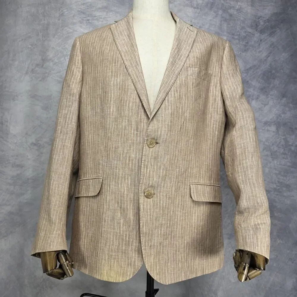Lauren Ralph Lauren Blazer Mens 44R Beige Stripe Linen Trim Fit Sport Coat